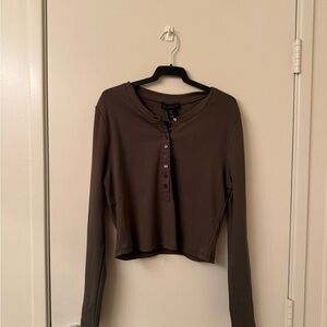 House of Harlow 1960 Women’s Cotton Dark Olive Brown Henley Long Sleeve Top
